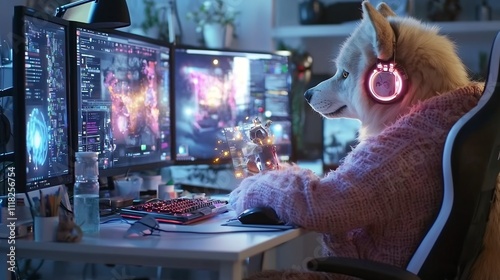 Wolf Graphic Designer Creating Glowing Neon Advertisements in Creative Studio