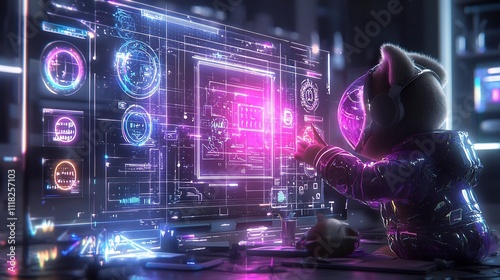 Animalistic Graphic Designer Wolf Creates Neon Advertisements in Futuristic Creative Studio