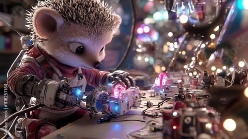Hedgehog Toy Maker Crafting Glowing Robotic Toys in Whimsical Workshop