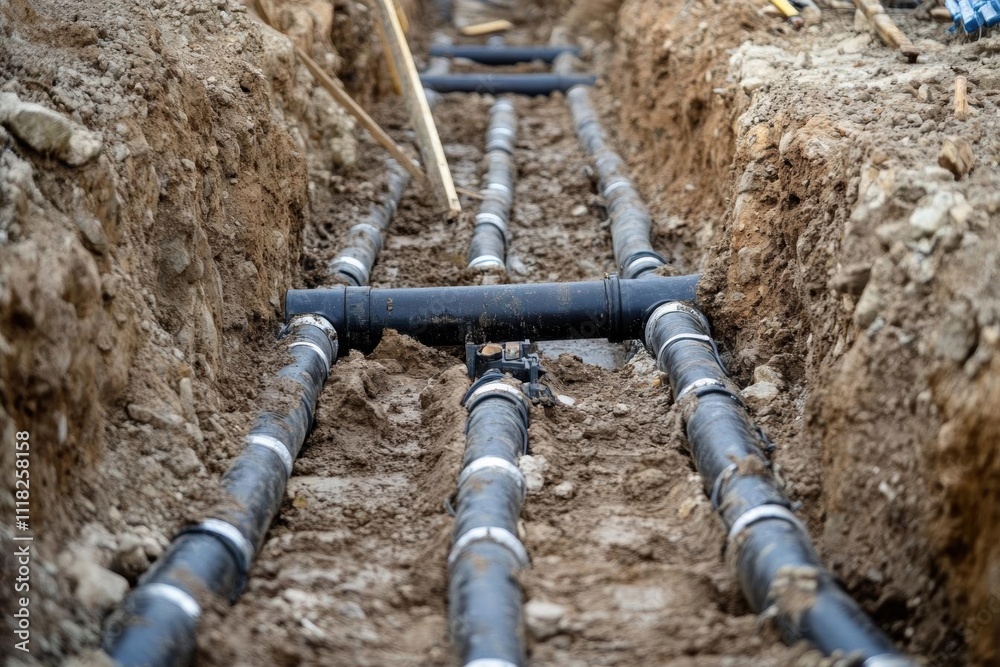 Pipes installed in a trench for utility or infrastructure development. Pipes installed in a trench for utility or infrastructure development.