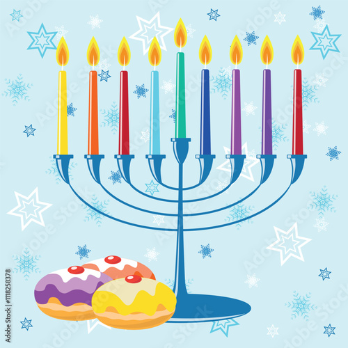 Happy Hanukkah greeting card with a traditional Hanukkiyah and nine long lit candles with three colorful jelly donuts on a starry background