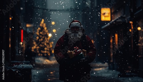 Santa Claus holding a gift on a snowy, lantern-lit street with a glowing Christmas tree in the background.