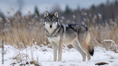 Grey wolf (Canis lupus) standing in snow-covered landscape, Canada