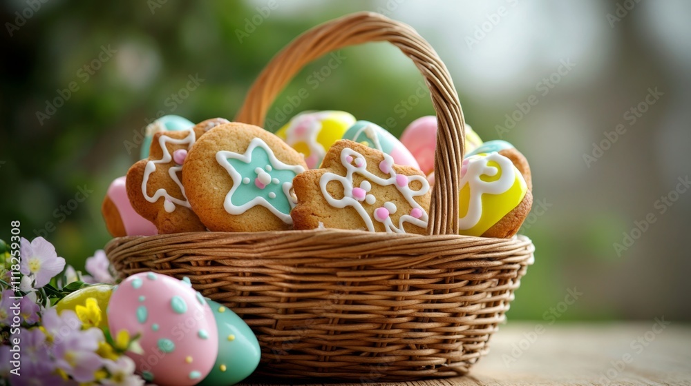 Fototapeta premium Easter greeting card with glazed cookies and colorful easter eggs in basket . With copy space