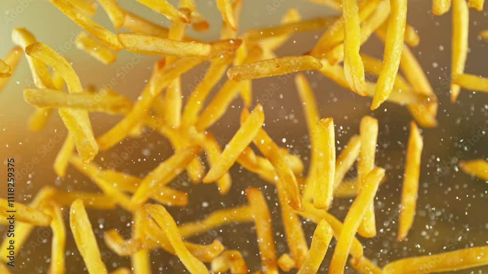 Super slow motion of flying tasty french fries with camera movement. Filmed on high speed cinema camera, 1000 fps.