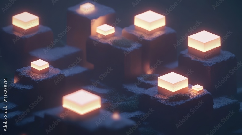 Softly glowing isometric shapes are arranged on a textured surface, showcasing gentle light against a dark background, evoking a calm and peaceful ambiance Softly glowing isometric shapes are arranged on a textured surface, showcasing gentle light against a dark background, evoking a calm and peaceful ambiance