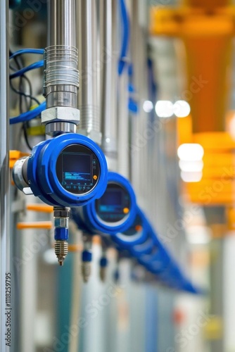 Industrial setup featuring digital pressure gauges on piping systems.