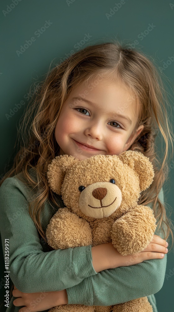A smiling girl with wavy hair embraces a soft teddy bear against a muted green background, radiating warmth and innocence. A smiling girl with wavy hair embraces a soft teddy bear against a muted green background, radiating warmth and innocence.