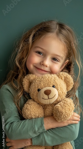 A smiling girl with wavy hair embraces a soft teddy bear against a muted green background, radiating warmth and innocence.