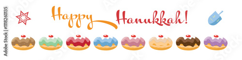 Happy Hanukkah festive banner with nine colorful frosted jelly donuts