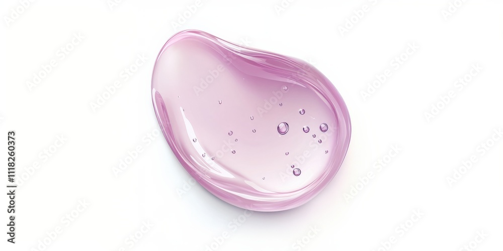Large, single stroke, drop transparent pink gel, air bubbles, isolated white background. Skincare product, moisturizer, serum, hydration, hyaluronic acid, beauty, ads, facial care, skincare treatment. Large, single stroke, drop transparent pink gel, air bubbles, isolated white background. Skincare product, moisturizer, serum, hydration, hyaluronic acid, beauty, ads, facial care, skincare treatment.