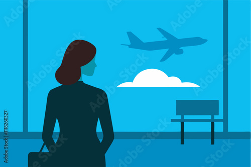 A woman in black at an airport window watching a plane in a serene sky, evoking leisure and travel feelings.