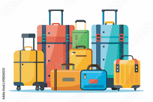 Vibrant image of assorted luggage for travel, in chaos yet visually appealing. Includes suitcases, handbags, colorful styles, various sizes, and easy mobility features.