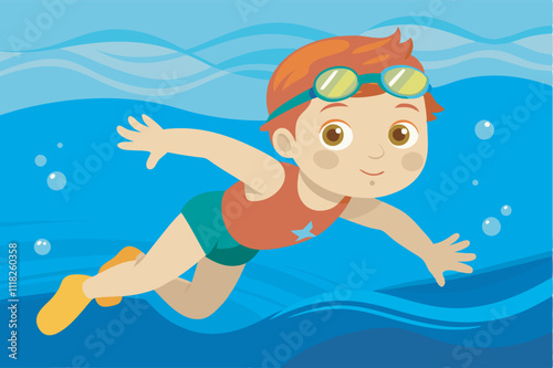 Child in red shirt, green shorts, goggles joyfully swimming in vibrant blue underwater scene.Child in red shirt, green shorts, goggles joyfully swimming in vibrant blue underwater scene.