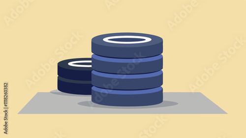 Four neatly stacked tires on a gray floor, with a yellow wall backdrop, creating a calm and peaceful scene with a striking color contrast.