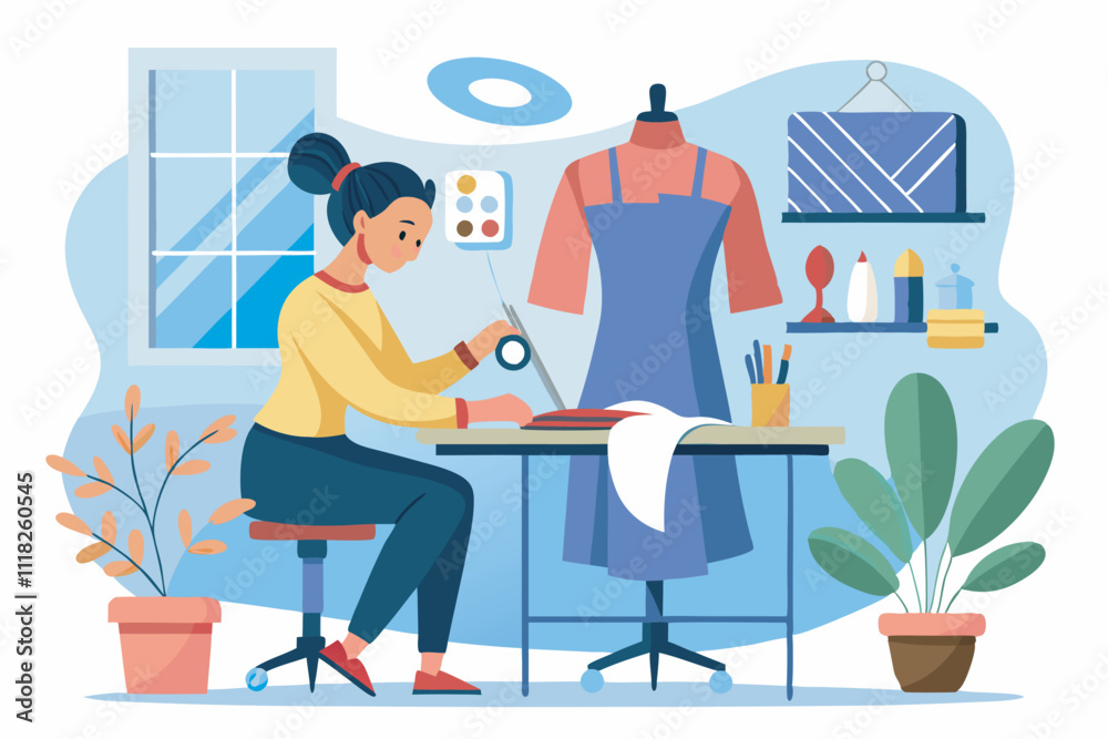 A serene cartoon depicts a woman sewing at a desk surrounded by creative tools, suggesting a dual workspace for design. Sunlight fills the room, fostering a focused and satisfying atmosphere. A serene cartoon depicts a woman sewing at a desk surrounded by creative tools, suggesting a dual workspace for design. Sunlight fills the room, fostering a focused and satisfying atmosphere.