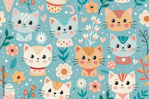 A lively pattern of colorful cats on a sky blue background, with diverse styles and floral accents, creates a warm and cute atmosphere.