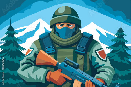 A soldier in black mask and green uniform, armed in a snowy mountain setting, exudes readiness and vigilance, hinting at a mission-ready demeanor.