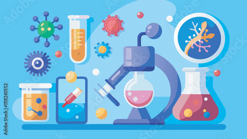 A scientific lab with a microscope, test tubes, viruses, and biological icons suggests research and experimentation in virus-related studies, emphasizing detailed observation.