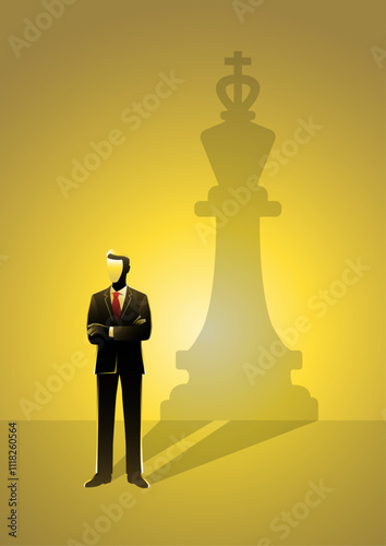 A confident businessman arms crossed casting a shadow of a chess king