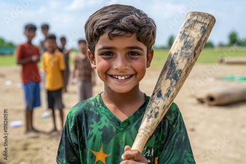 A young boy holding a cricket bat, standing proudly in a dusty village field with his friends cheering behind him photo