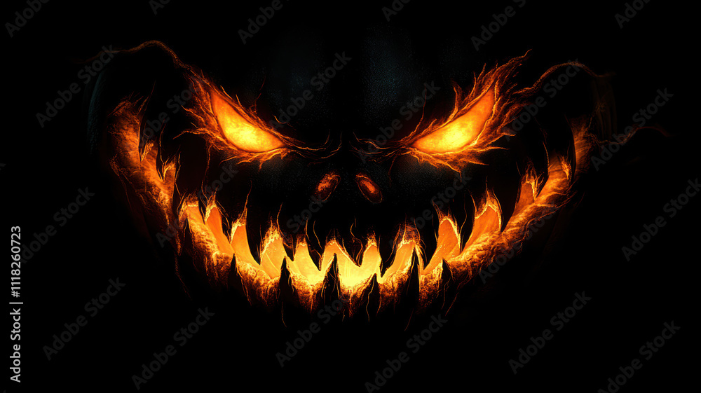 Glowing Jack-o'-Lantern Face on Black Background Glowing Jack-o'-Lantern Face on Black Background