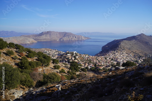 panoramic view over symi village and pedi bay