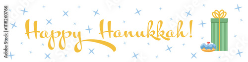 Happy Hannukah Banner with a green gift box beside it