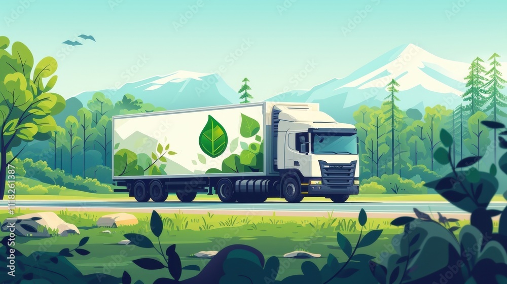 Obraz premium Upclose image of a truck transporting goods with a banner displaying the companys commitment to carbonneutral shipping ods.