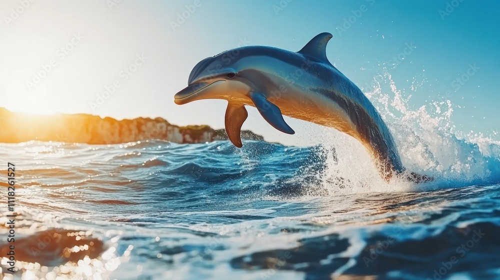 Fototapeta premium Dolphin leaping from ocean waves at sunset.
