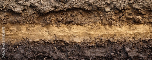 The image shows a cross-section of soil layers, highlighting distinct textures and colors of earth, indicating geological composition and sedimentation.