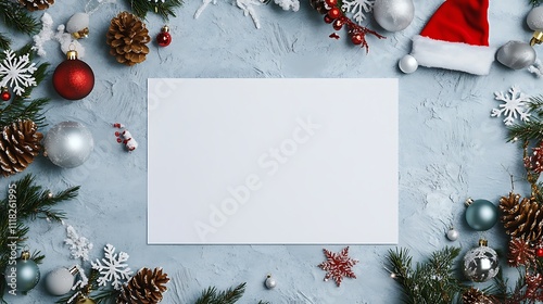 Cozy Christmas flat lay with decorations and a blank card ready for festive messages