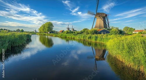 Wallpaper Mural Scenic view of a windmill by a serene river under a blue sky. Torontodigital.ca