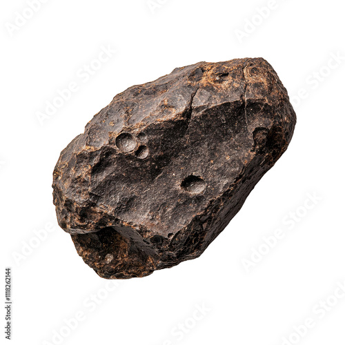 Rough dark meteorite fragment with textured surface and natural craters, showcasing unique geological features and cosmic origin. Isolated on transparent background, png.