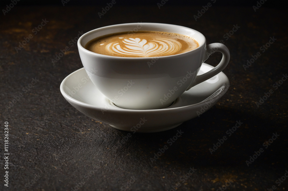 white coffee cup on a dark textured table, lit from the side