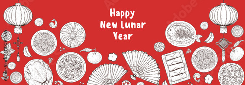 Foods of Chinese Lunar New Year frame. Hand drawn vector illustration. Chinese Food sketch. Holiday menu. Food design template.