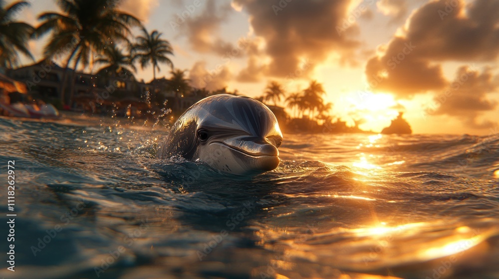 Obraz premium Dolphin swimming in ocean sunset.