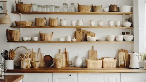 Stylish kitchen shelves display rustic baskets and white dishware in a bright, modern home setting