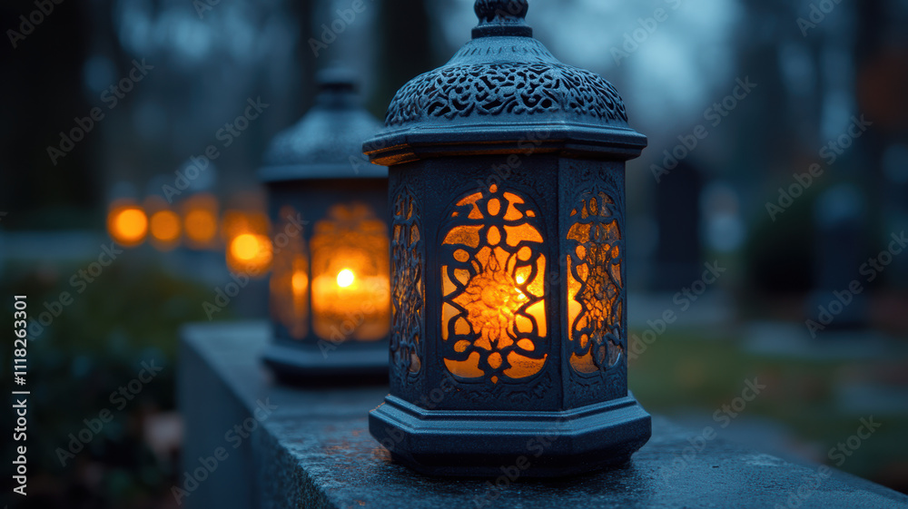 Decorative Glass Lanterns with Candles on Graves Decorative Glass Lanterns with Candles on Graves