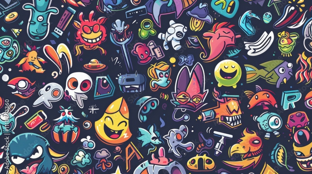 A vibrant collage of whimsical characters and playful icons.