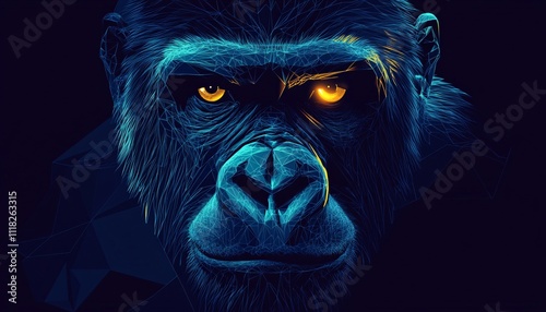 Close-up illustration of a gorilla face showcasing intricate details and textures, set against a backdrop of animal digital evolution themes. photo