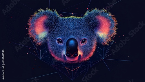 Close-up illustration of a koala face showcasing its unique features, set against a vibrant Animal Digital Evolution background. photo