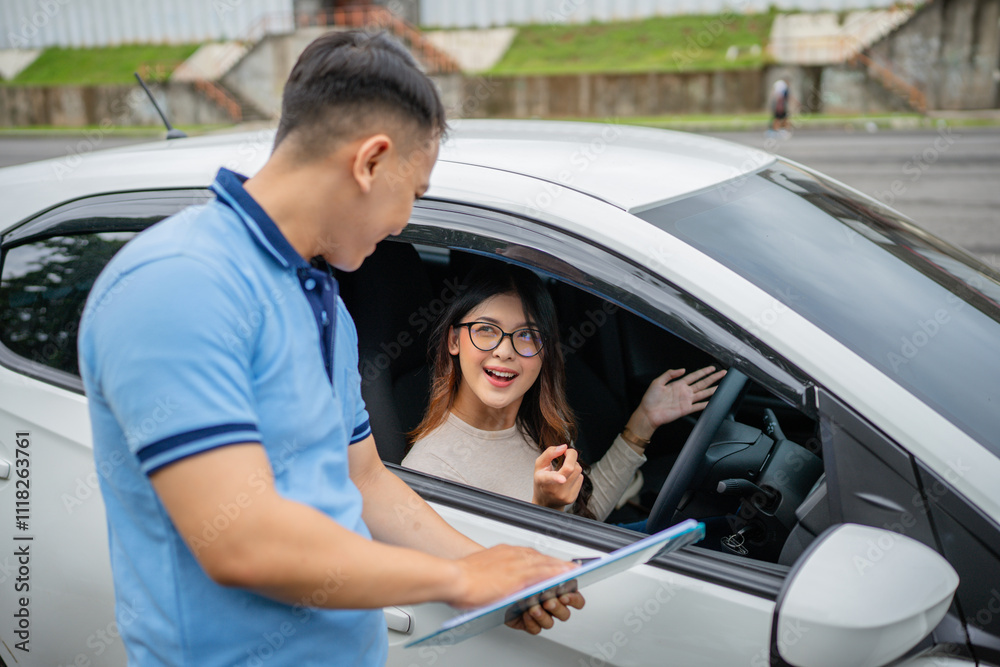 A dedicated instructor guides an eager student driver on safely operating a vehicle A dedicated instructor guides an eager student driver on safely operating a vehicle