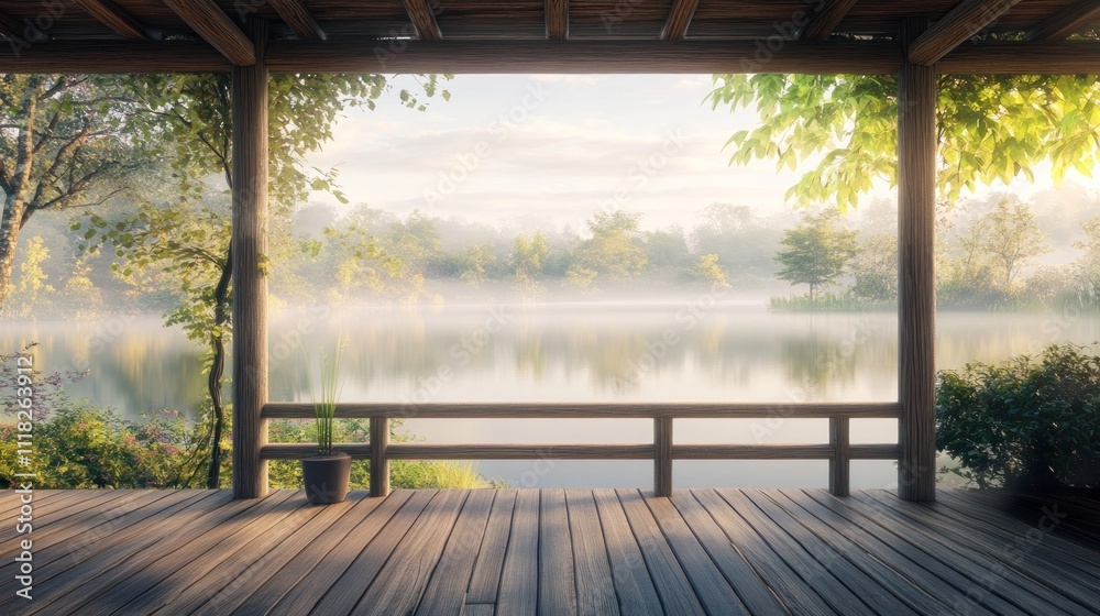Wooden deck overlooking a misty lake with green foliage. Wooden deck overlooking a misty lake with green foliage.