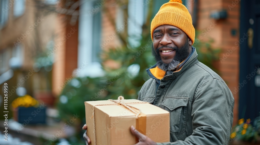 Friendly logistics service and personal package delivery experience, cheerful smiling worker in a sweater holding package in residential neighborhood during winter, professional small business service Friendly logistics service and personal package delivery experience, cheerful smiling worker in a sweater holding package in residential neighborhood during winter, professional small business service