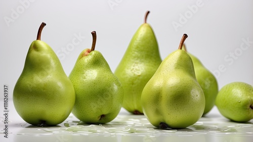 Fresh green pears are artistically arranged over a clean white background. Generative AI