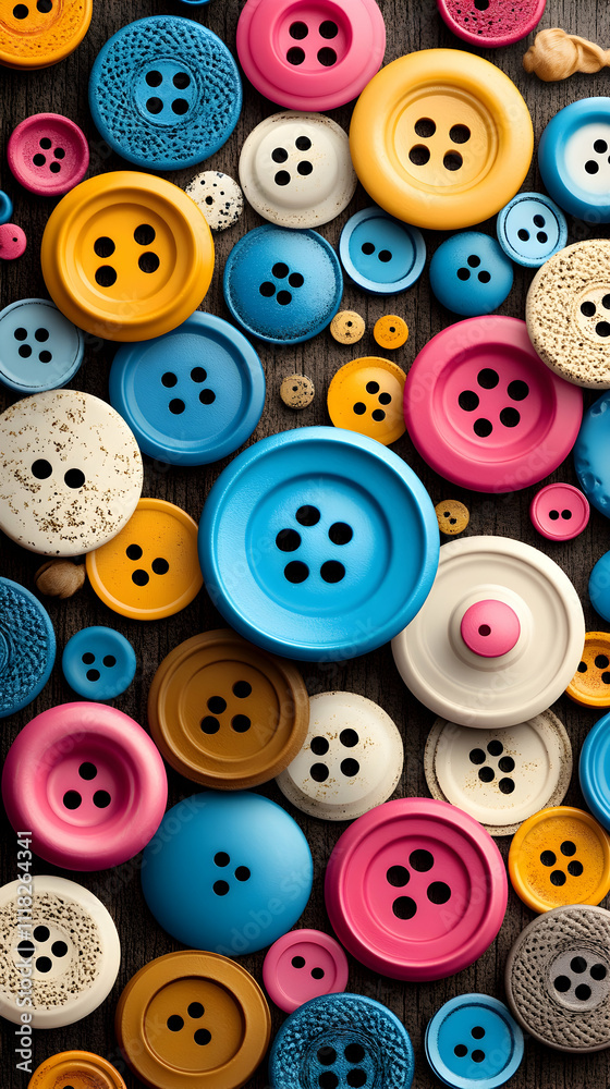 Colorful buttons scattered on dark wood background. Colorful buttons scattered on dark wood background.