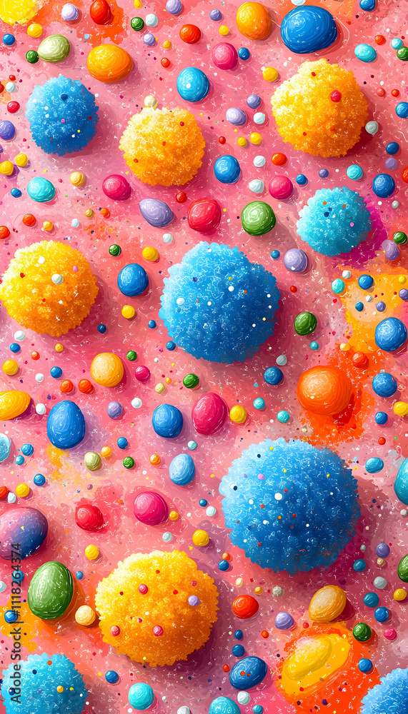 Colorful candy balls and sprinkles on pink background.