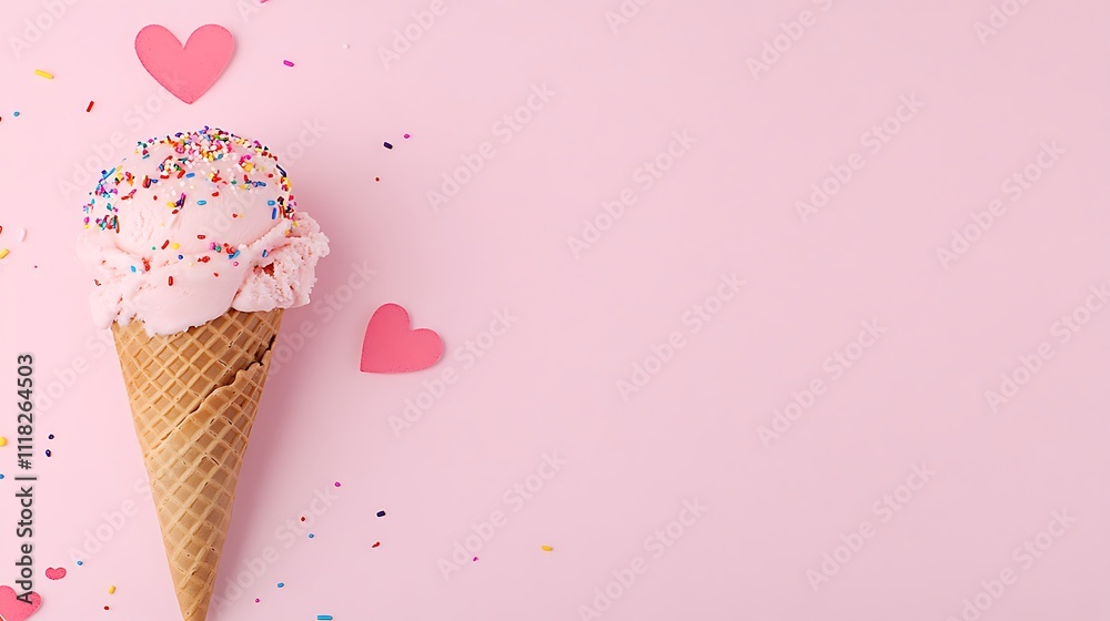 Delicious pink ice cream cone topped with colorful sprinkles and a heart Delicious pink ice cream cone topped with colorful sprinkles and a heart