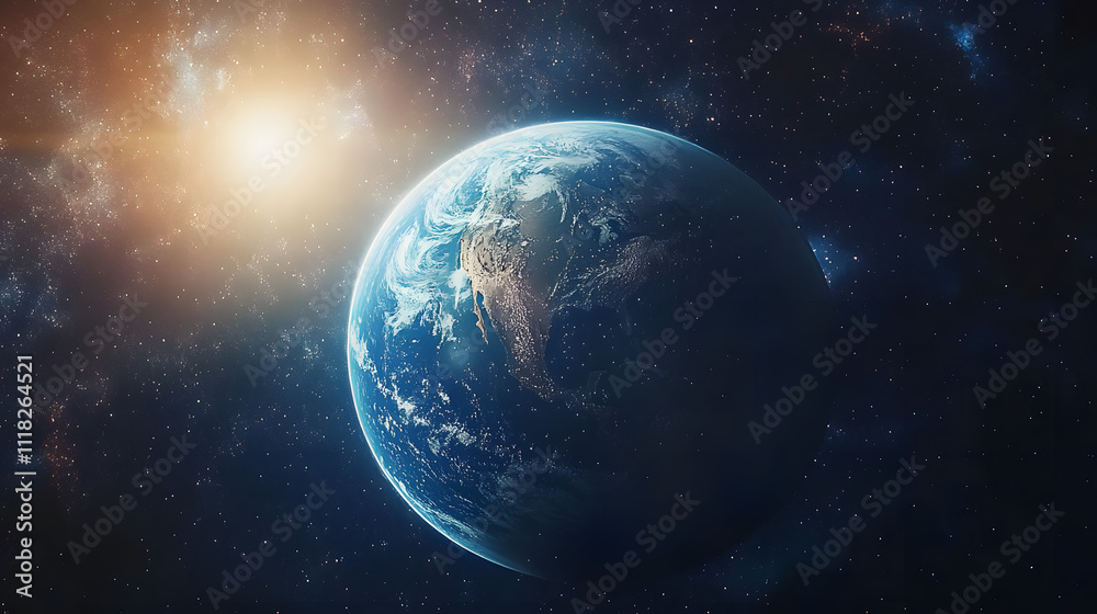 Fototapeta premium Dark cosmos with Earth illuminated by sun's rays in the background during the vastness of space